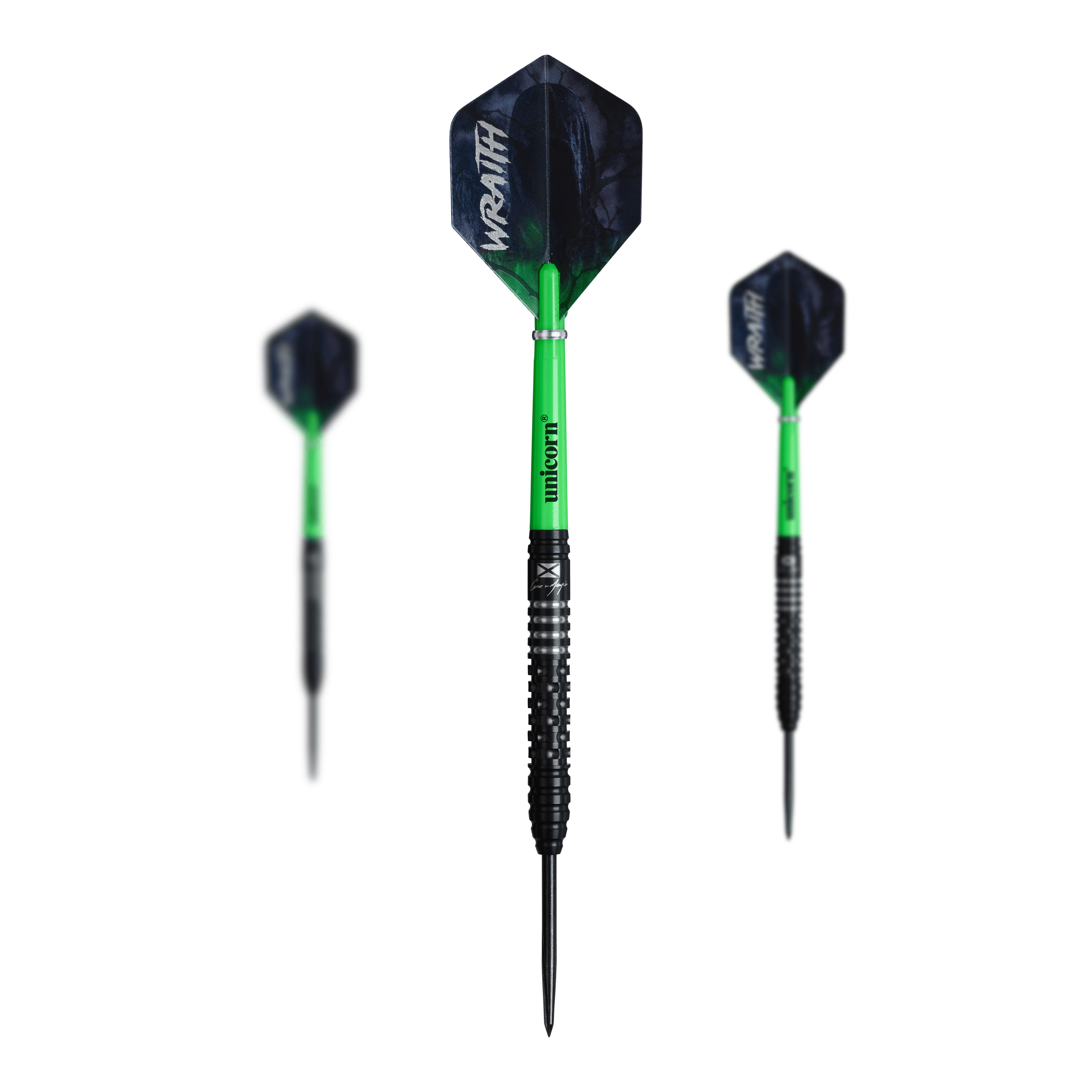 Auf dem Bild sind die Unicorn Wraith Cameron Menzies Steeldarts - 23g zu erkennen. Es handelt sich um ein Set mit Steeldarts in silberner Farbe.